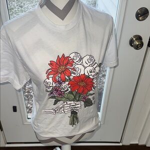 White T-Shirt with Skull and Flower Design